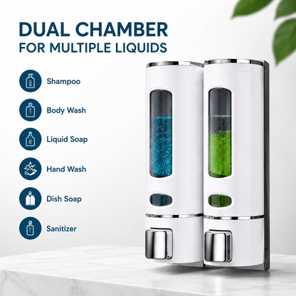 Pack of 2 Wall Mounted Soap Dispenser for Bathroom & Kitchen | Dual Chamber Shampoo, Hand Wash & Liquid Soap Holder | 500ml x 2 Leak Proof Dispenser