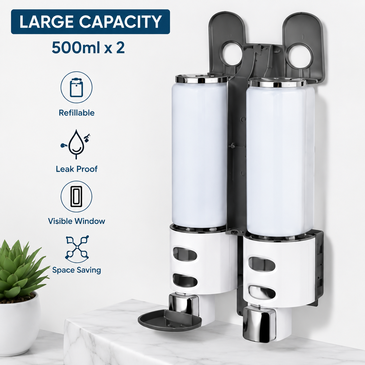 Pack of 2 Wall Mounted Soap Dispenser for Bathroom & Kitchen | Dual Chamber Shampoo, Hand Wash & Liquid Soap Holder | 500ml x 2 Leak Proof Dispenser